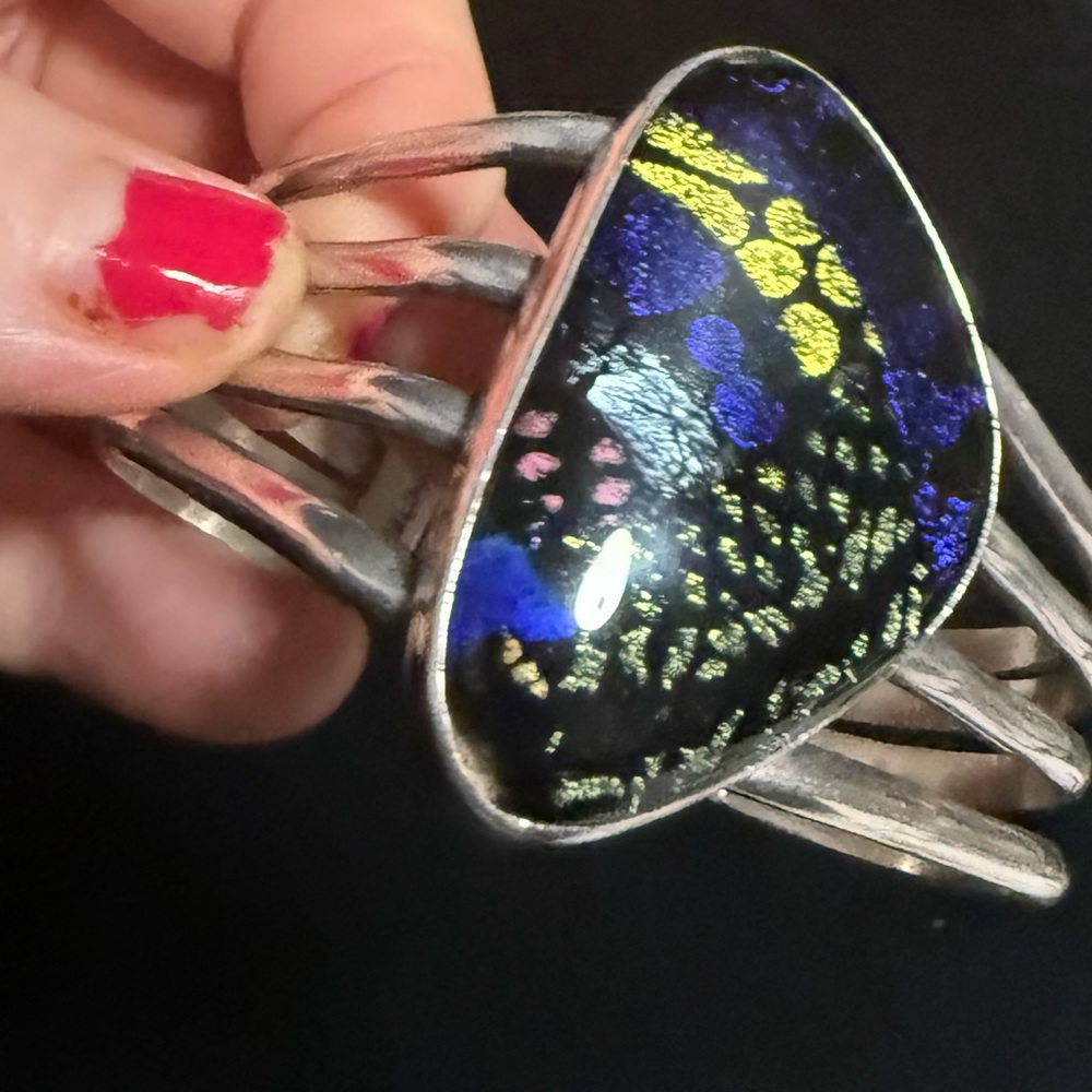 Beautiful Signed Pearlman 925 Sterling Silver Art Glass Cuff Bracelet